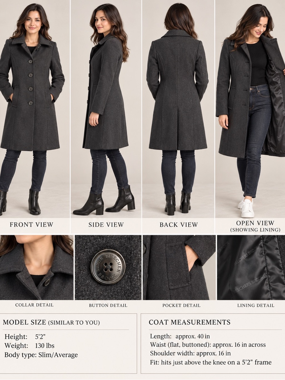 Women's Charcoal Gray Wool-Blend Single-Breasted Pea Coat
